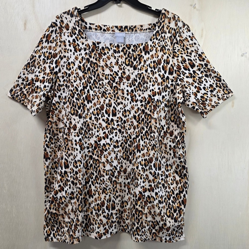 Chico's Womens Leopard Print Square Neck Short Sleeve Cotton Top Side Pockets L